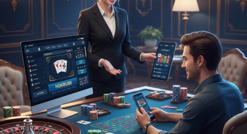 Pemain pemula belajar live casino online di Hokiku88, dengan dealer profesional di meja blackjack dan roulette, odds tinggi, suasana elegan dan kompetitif.