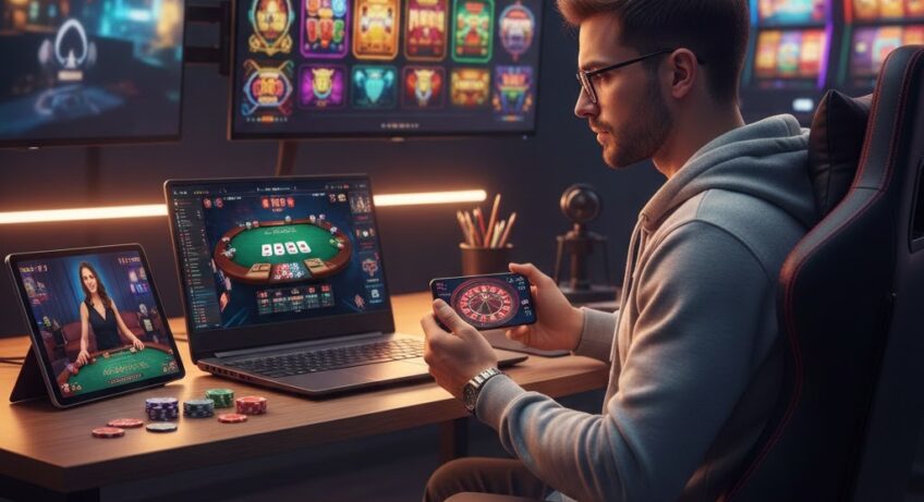 Pemain fokus bermain live games online di laptop dan smartphone dengan tampilan interaktif multi-game, suasana modern dan nyaman, di platform 12Hoki.