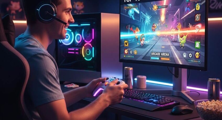 Pemain arcade game fokus di layar dengan kontroler, menikmati game online, menggunakan Dewiku88 Login