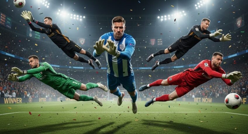 Ilustrasi lima kiper terbaik dunia di lapangan sepak bola profesional, siap menyelamatkan bola